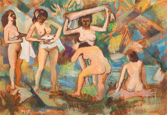 Modern British, oil on canvas, Female bathers beside a river, 69 x 92cm, unframed and a similar unfinished work